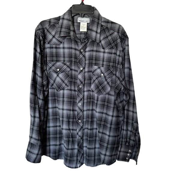 Wrangler Wrancher Mens Black Plaid Flannel Shirt Pearl Snap Long Sleeve Large - Picture 1 of 8